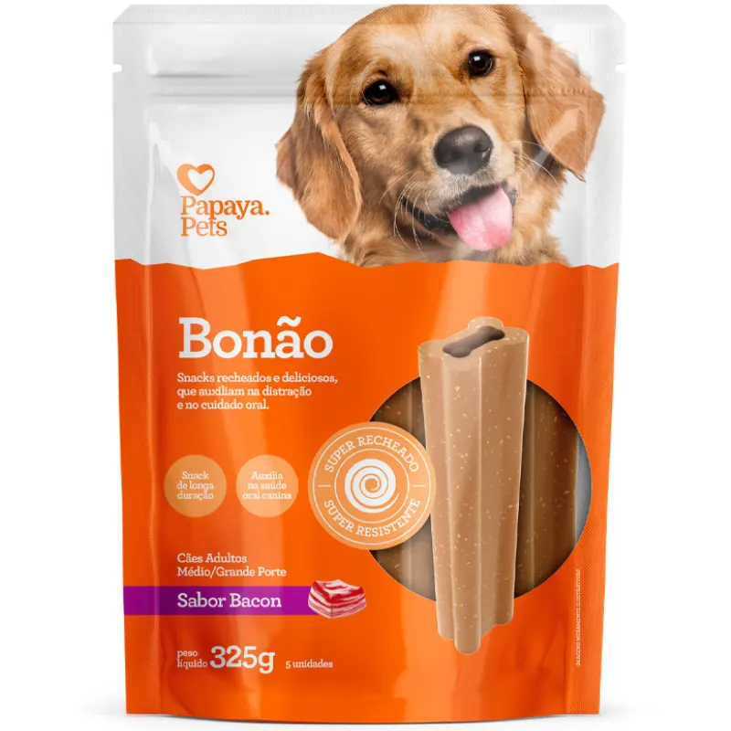 Snack Papaya Pets Bonão para Cães Adultos de Porte Médio e Grande Sabor Bacon 5 Un 325g