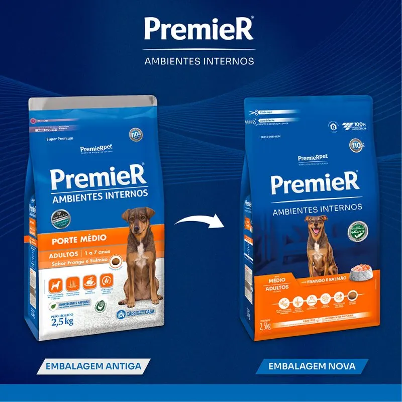 Ração Premier Ambientes Internos Cães Adultos Raças Médias 2,5kg