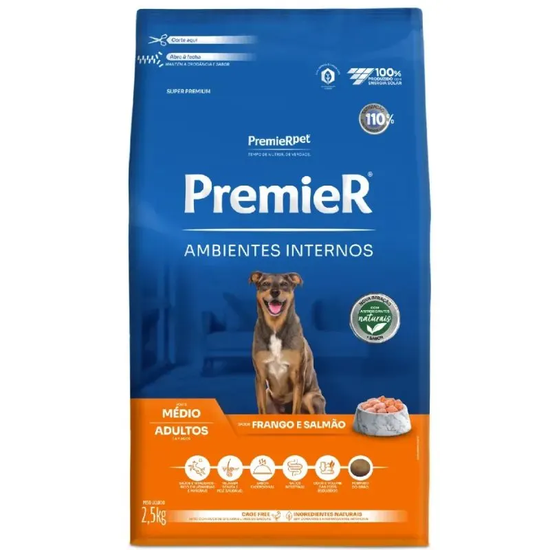 Ração Premier Ambientes Internos Cães Adultos Raças Médias 2,5kg