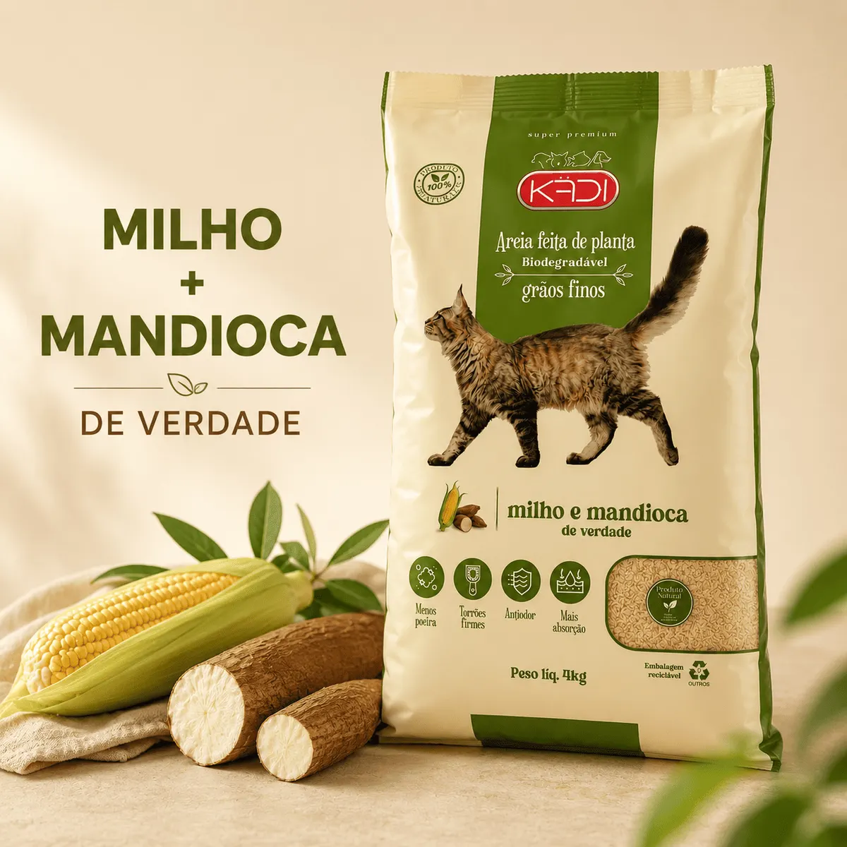 Areia Higiênica Kadi Grãos Finos Milho e Mandioca para Gatos 4 kg