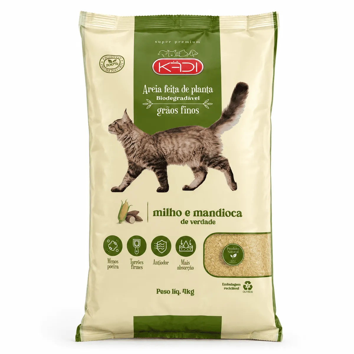Areia Higiênica Kadi Grãos Finos Milho e Mandioca para Gatos 4 kg