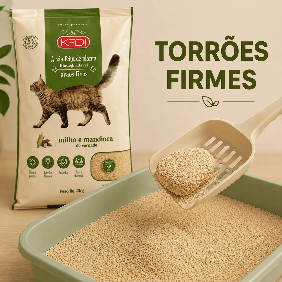 Areia Higiênica Kadi Grãos Finos Milho e Mandioca para Gatos 4 kg