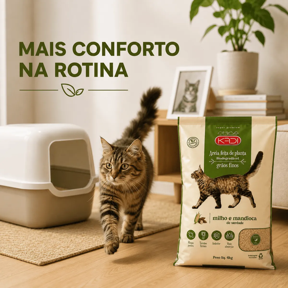 Areia Higiênica Kadi Grãos Finos Milho e Mandioca para Gatos 4 kg