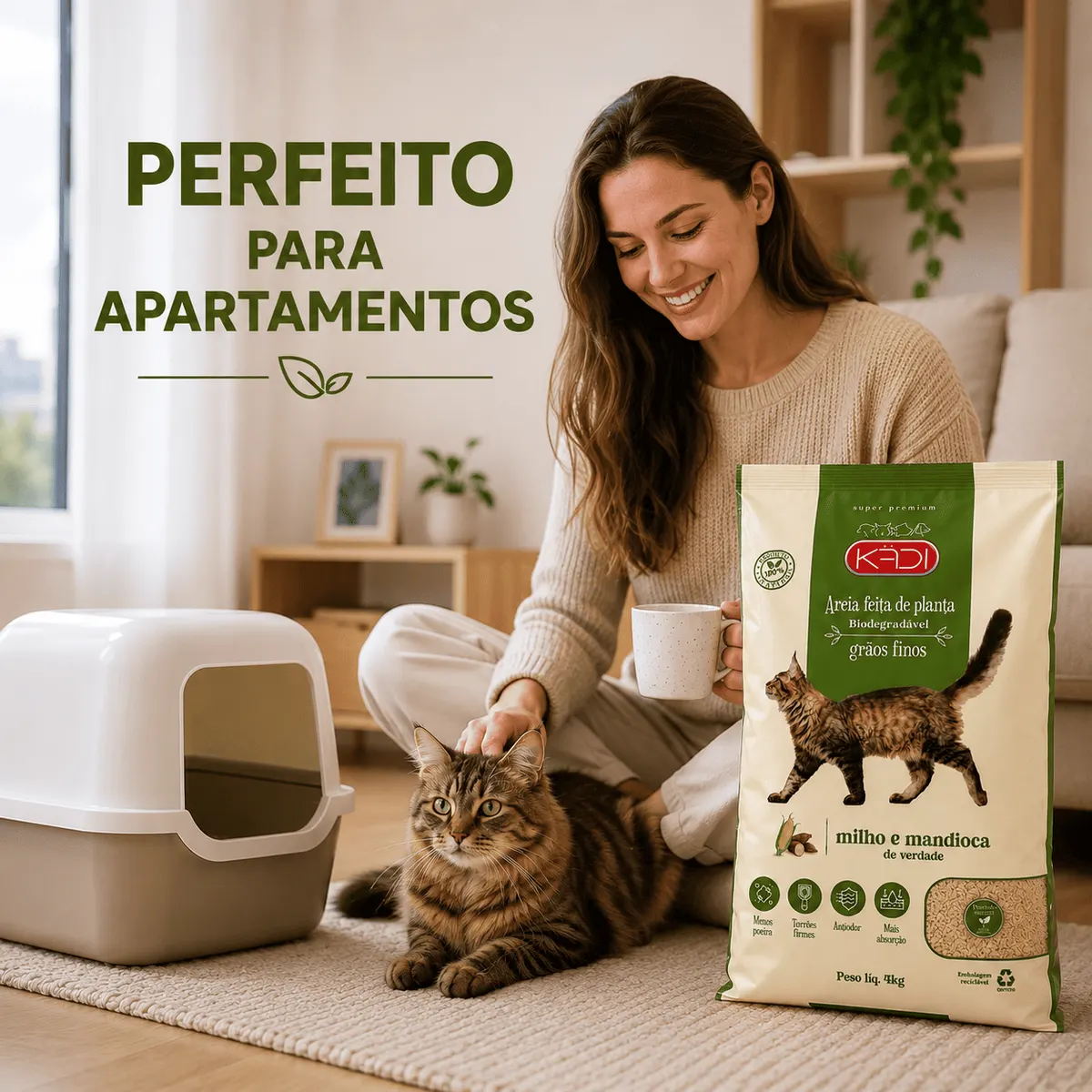 Areia Higiênica Kadi Grãos Finos Milho e Mandioca para Gatos 4 kg