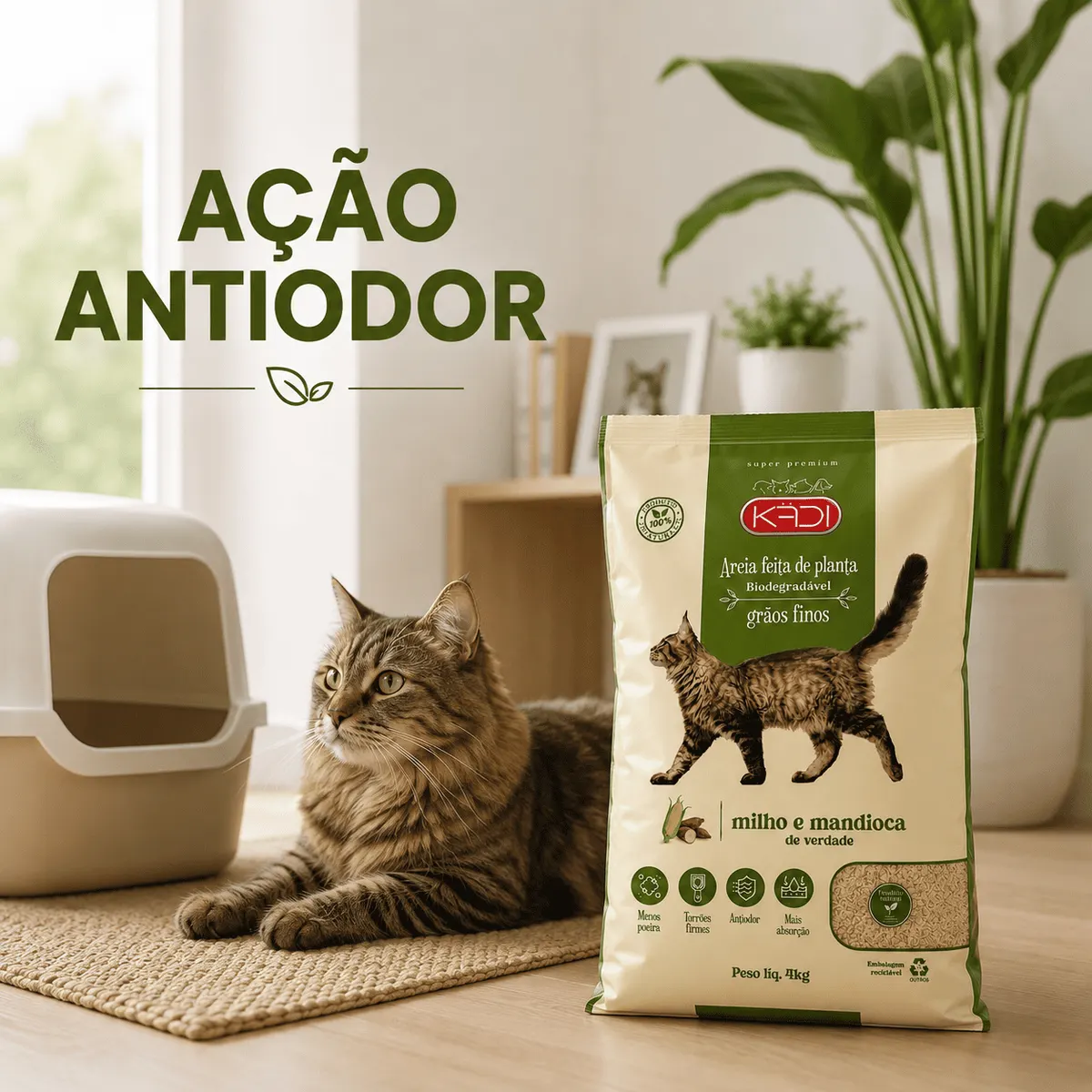 Areia Higiênica Kadi Grãos Finos Milho e Mandioca para Gatos 4 kg
