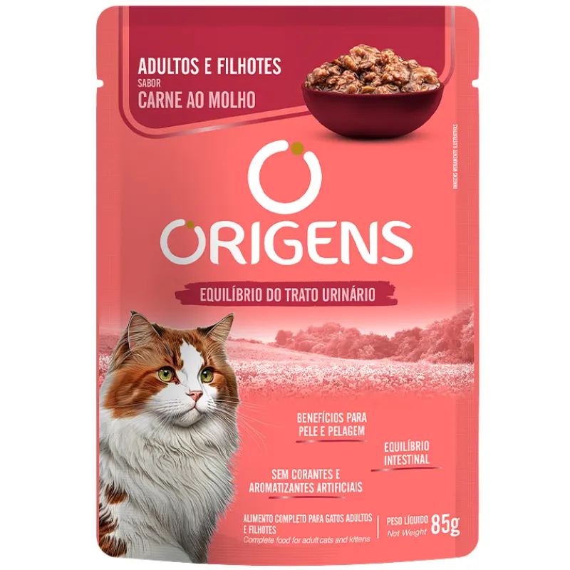 Ração Úmida Origens para Gatos Adultos e Filhotes Sabor Carne ao Molho 85g