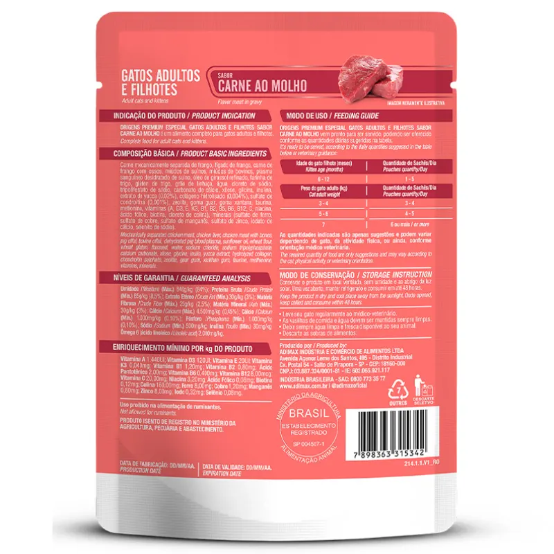 Ração Úmida Origens para Gatos Adultos e Filhotes Sabor Carne ao Molho 85g