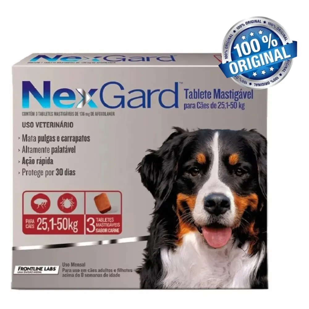 NexGard Anti-Pulga e Carrapato Cães 25,1 a 50 Kg 3 Tabletes