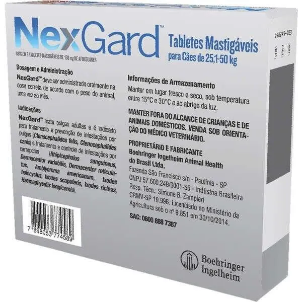 NexGard Anti-Pulga e Carrapato Cães 25,1 a 50 Kg 3 Tabletes