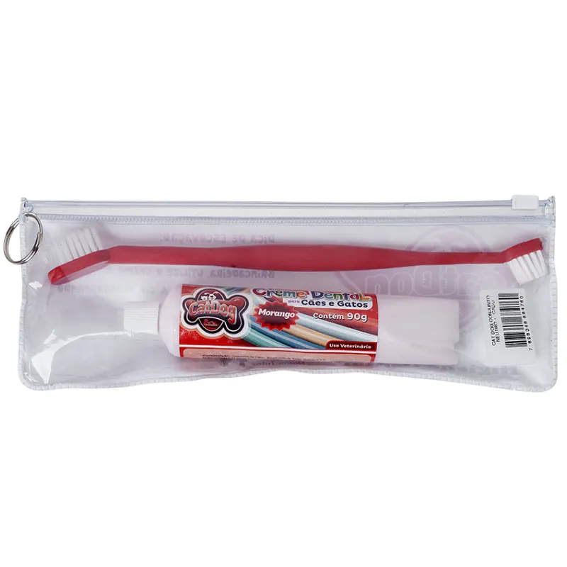 Conjunto de Higiene Dental Cat Dog Creme Dental Morango e Escova de Cabo Longo e Bolsa - Cores Sortidas