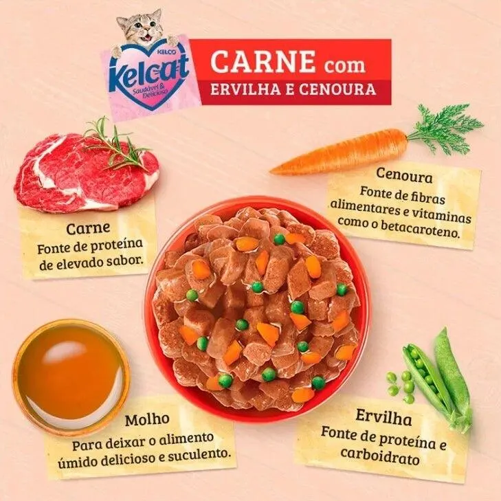 Ração Úmida Kelcat Sachê para Gatos Sabor Carne com Ervilha e Cenoura 85g