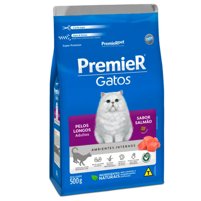 Ração Premier Ambientes Internos Gatos Adultos Pelos Longos Salmão 500 g