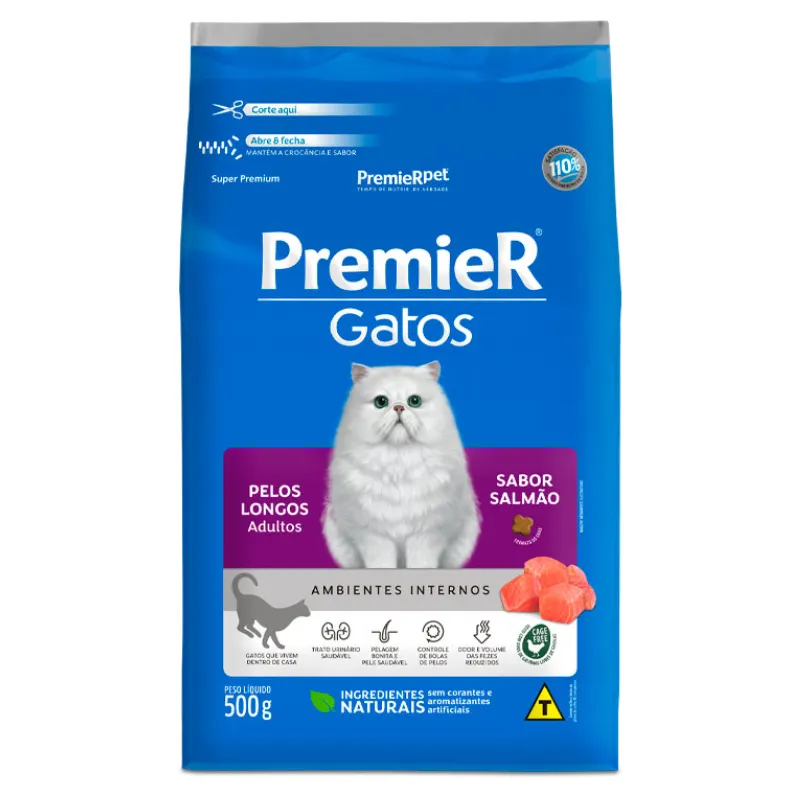 Ração Premier Ambientes Internos Gatos Adultos Pelos Longos Salmão 500 g