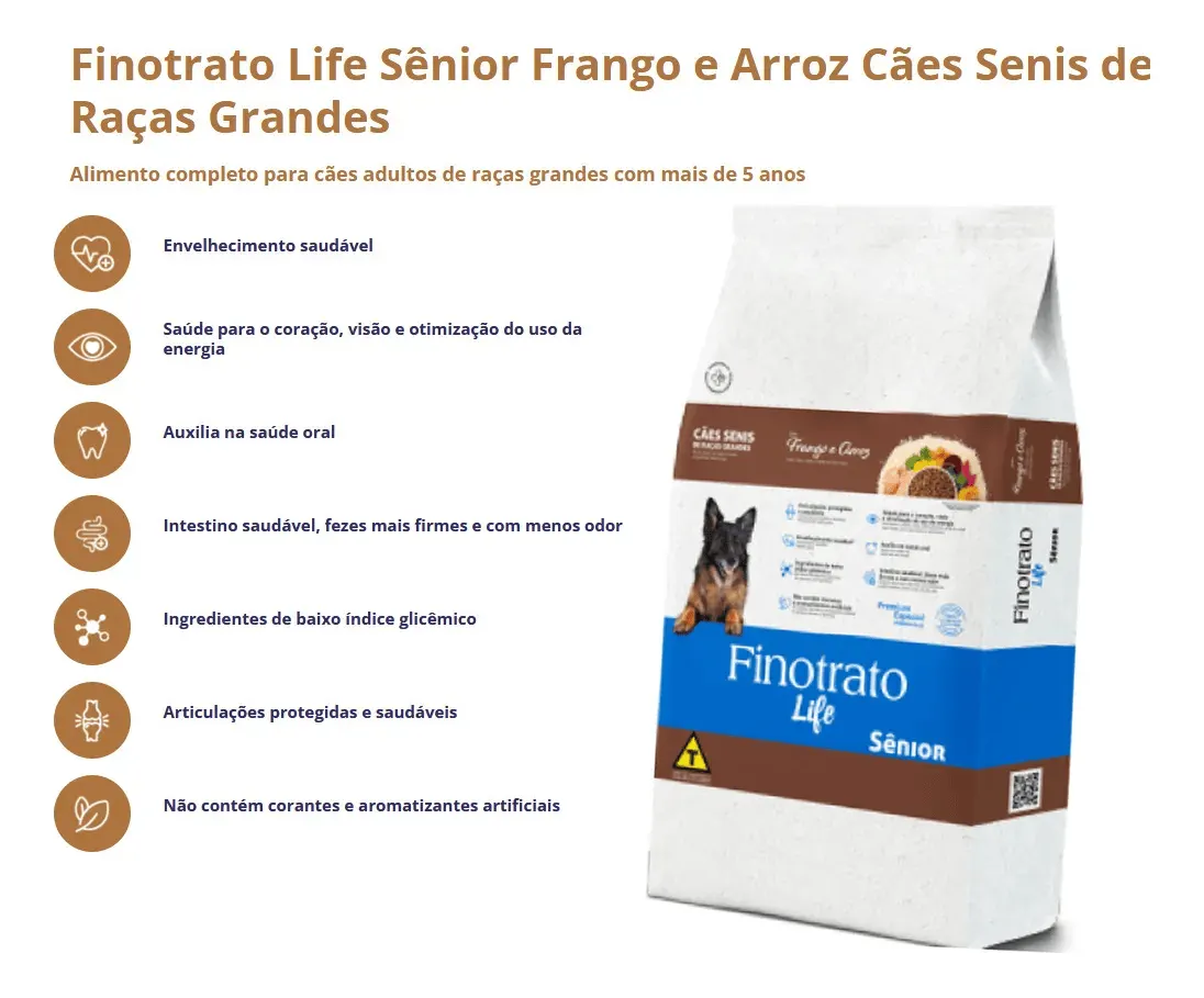 Ração Finotrato Life para Cães Sênior de Raças Grandes Sabor Frango e Arroz 15 Kg