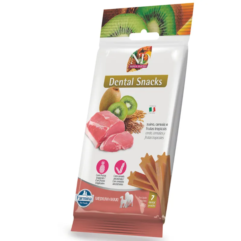 Petisco Dental N&D Tropical para Cães de Raças Médias e Grandes Sabor Suíno, Cereais e Frutas Tropicais 100g