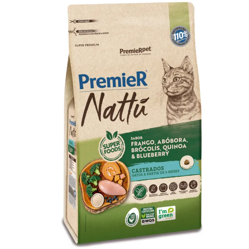 Premier Nattu Gatos Adultos Castrados Abobora 7,5 Kg