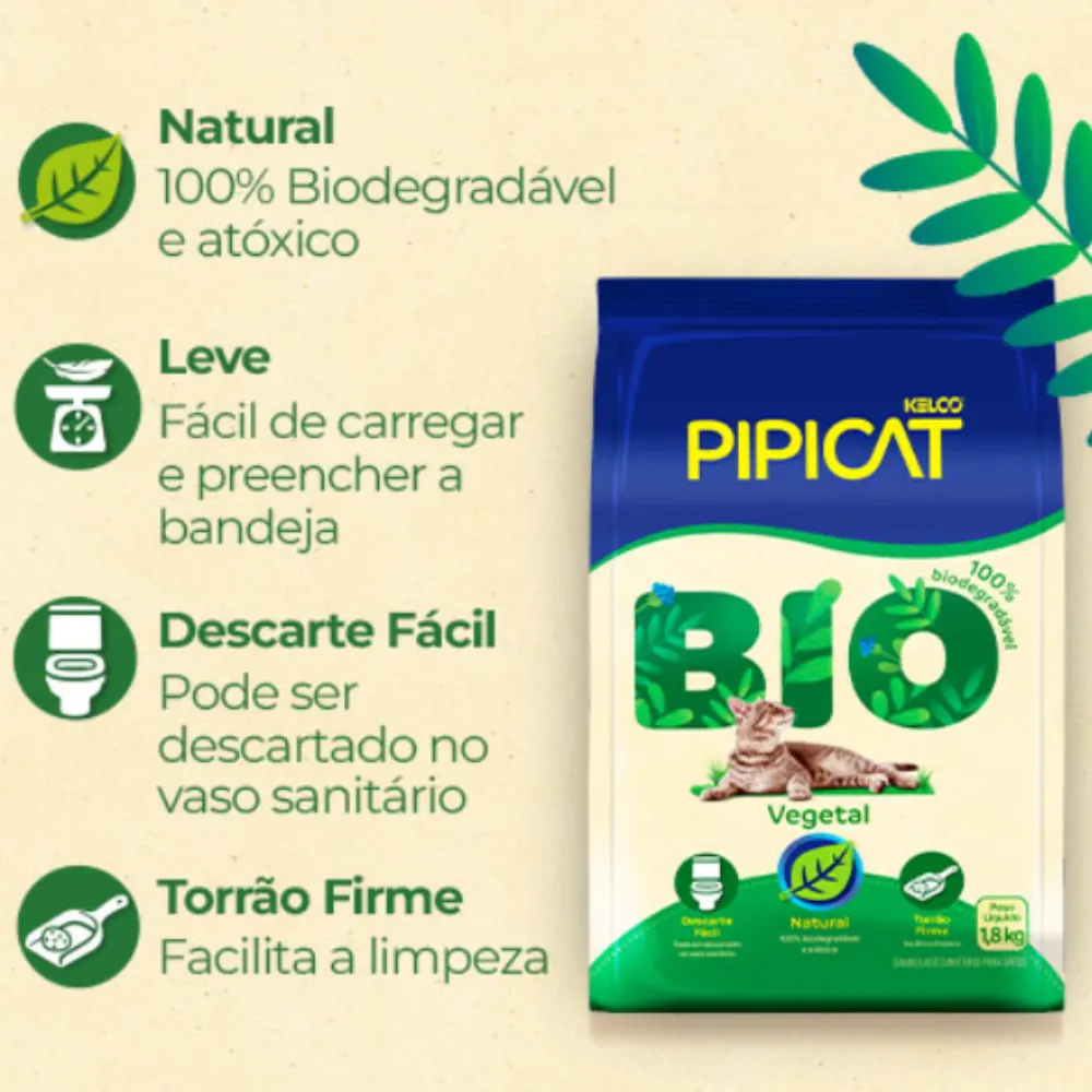 Granulado Sanitário Pipicat Bio Vegetal para Gatos 1,8kg