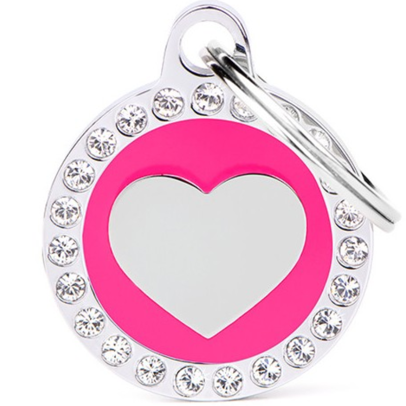 Medalha de Identificação My Family Glam Círculo Rosa com Coração Prata e Swarovski