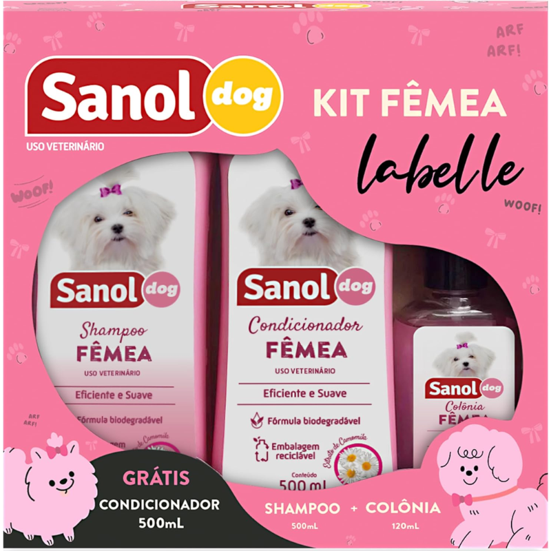Sanol Dog Kit Banho Fêmea Labelle Shampoo, Condicionador e Colônia