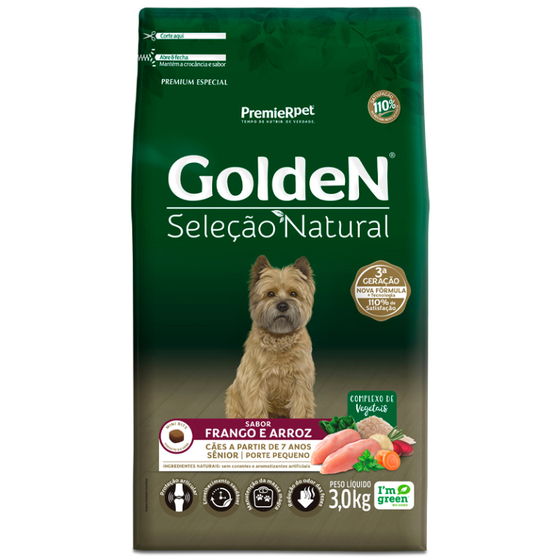 Ração Golden Seleção Natural para Cães Sênior de Porte Pequeno Sabor Frango e Arroz 3 Kg