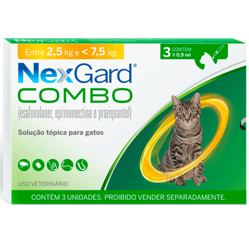 Nexgard Combo Antipulgas, Sarna e Vermífugo para Gatos de 2,5 a 7,5 kg 3 aplicadores