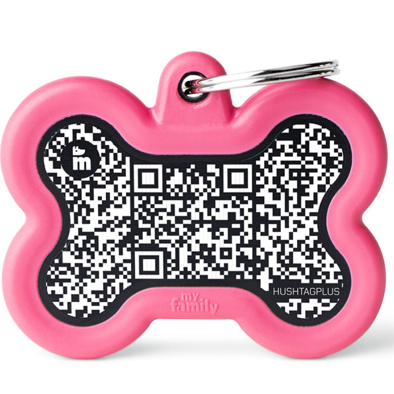 Medalha de Identificação My Family Hushtag Osso com Borracha e Qr Code Rosa