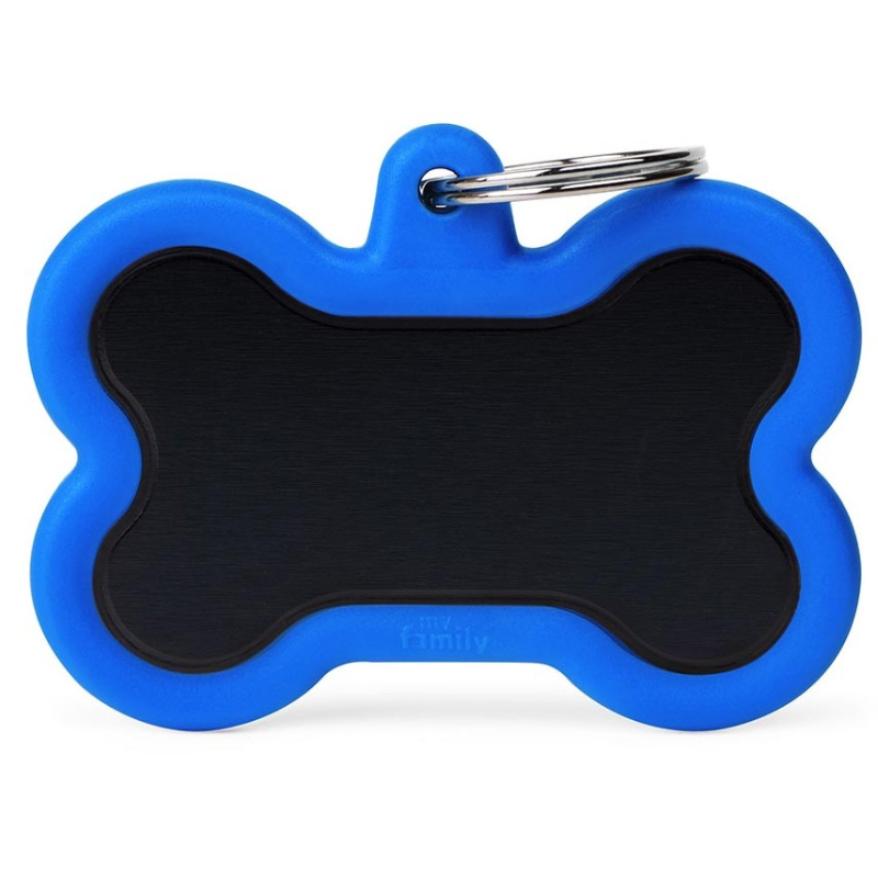 Medalha de Identificação My Family Osso de Alumínio Preto com Borracha Azul XL