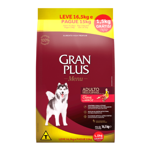 Ração Seca Granplus Menu Carne E Arroz Para Cães Adultos De Raças Médias E Grandes - Pague 15kg Leve 16.5kg