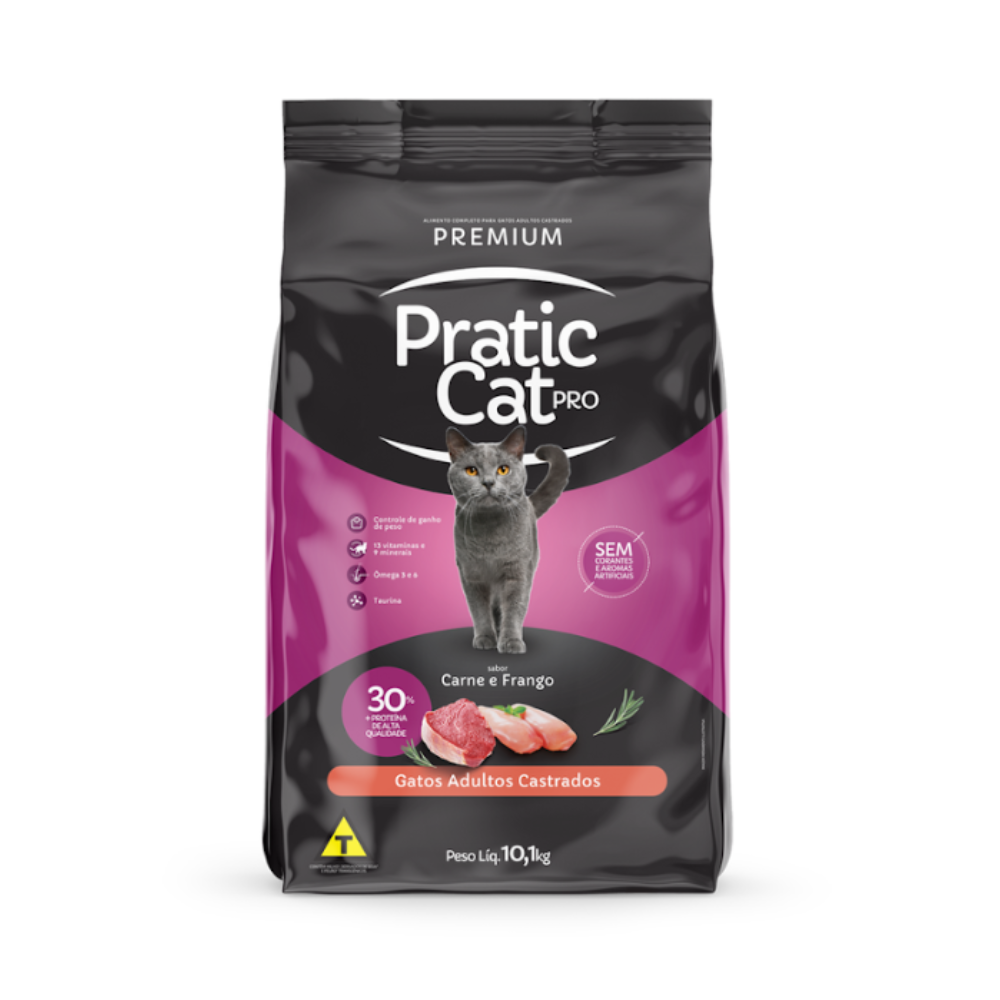 Ração Pratic Cat Pro Castrado Carne e Frango 10,1Kg