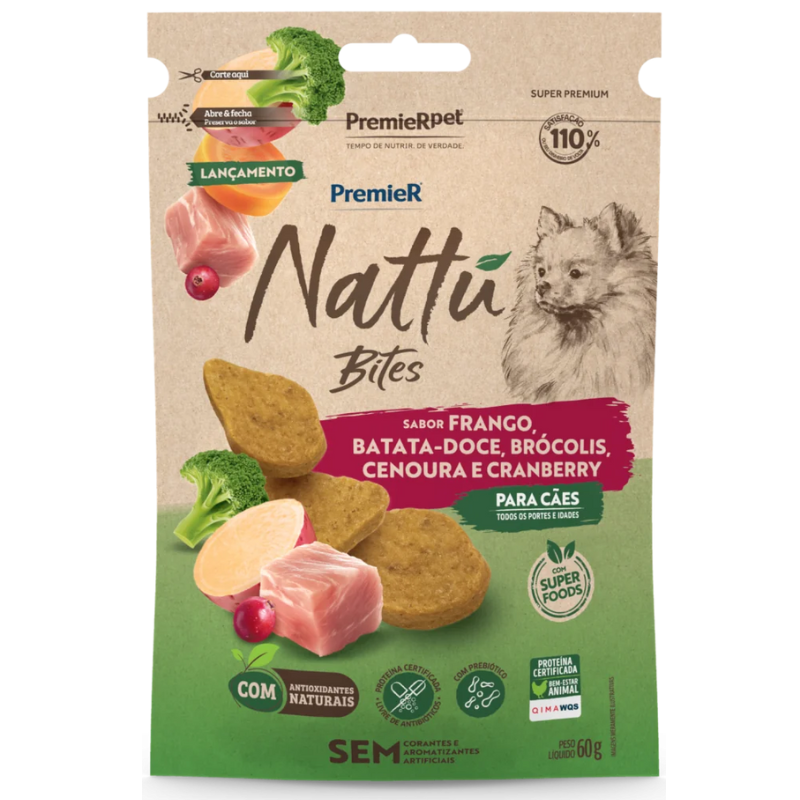 Petisco Premier Nattu Bites Cães Adultos Frango com Batata Doce 60 g