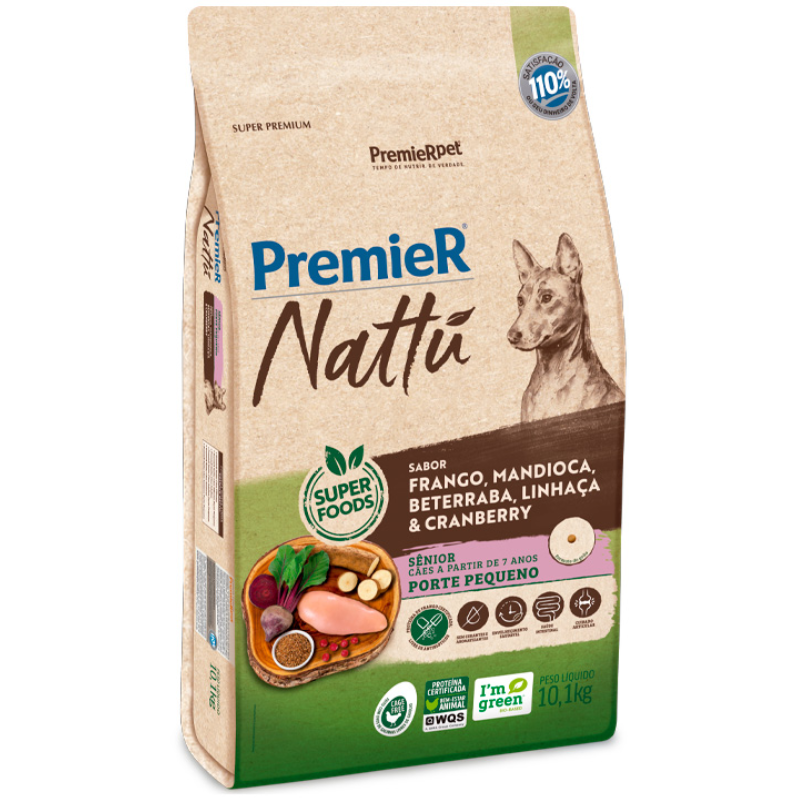 Ração Premier Nattu Cães Adultos Raças Pequenas Sênior Sabor Mandioca 10,1 Kg