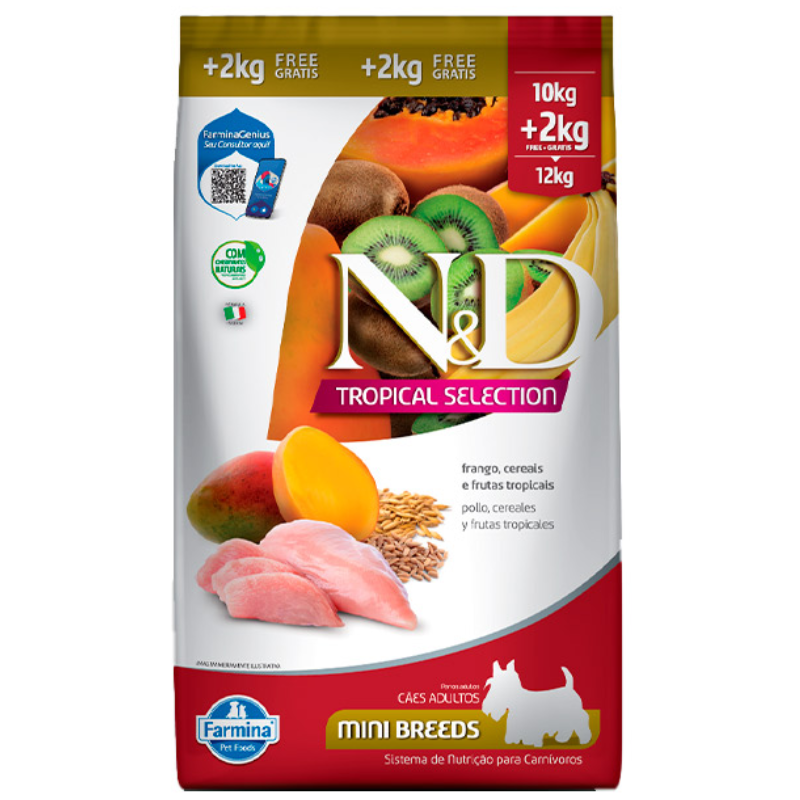 Ração N&D Tropical Cães Adultos Mini e Pequenos Sabor Frango 10 + 2 Kg