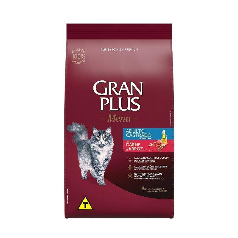 Ração GranPlus Menu Gatos Adultos Castrados Carne e Arroz 10x1,01kg