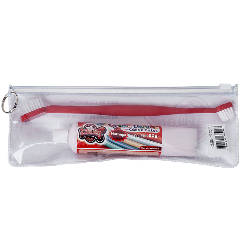 Conjunto de Higiene Dental Cat Dog Creme Dental Morango e Escova de Cabo Longo e Bolsa - Cores Sortidas
